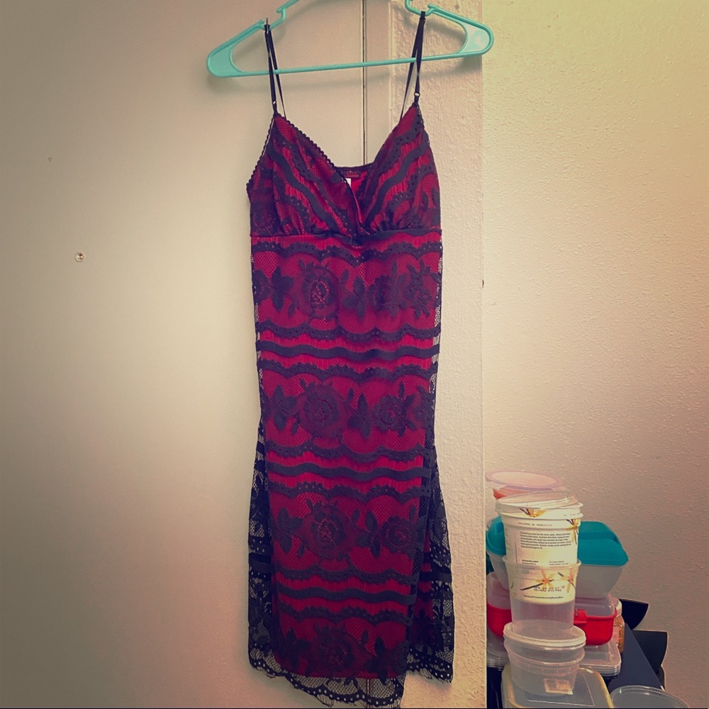Short red with black lace cocktail dress